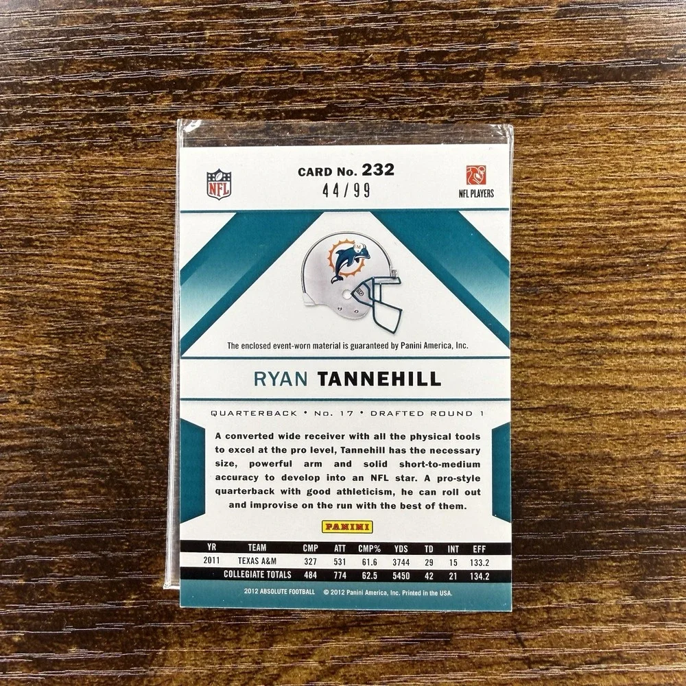2012 Absolute Ryan Tannehill Rookie Jumbo Jersey Number #232 44/99 Dolphins